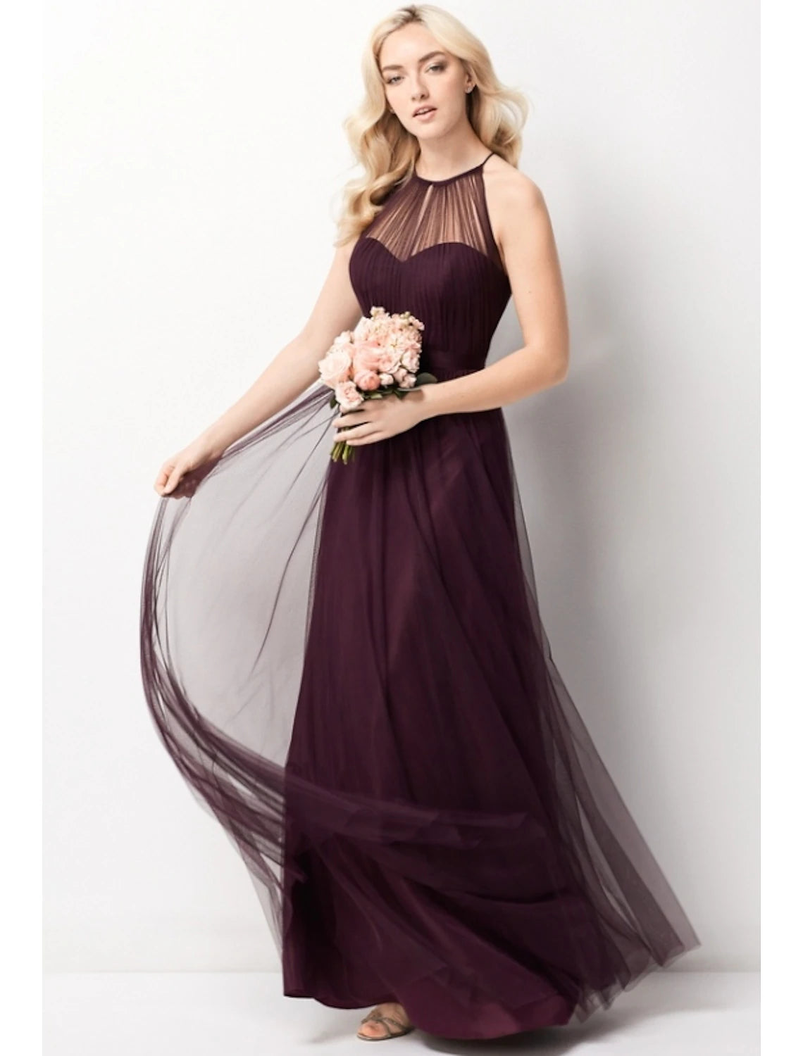 Abito da damigella d'onore a trapezio, senza maniche, elegante, in chiffon/tulle, lungo fino al pavimento, con scollo all'americana